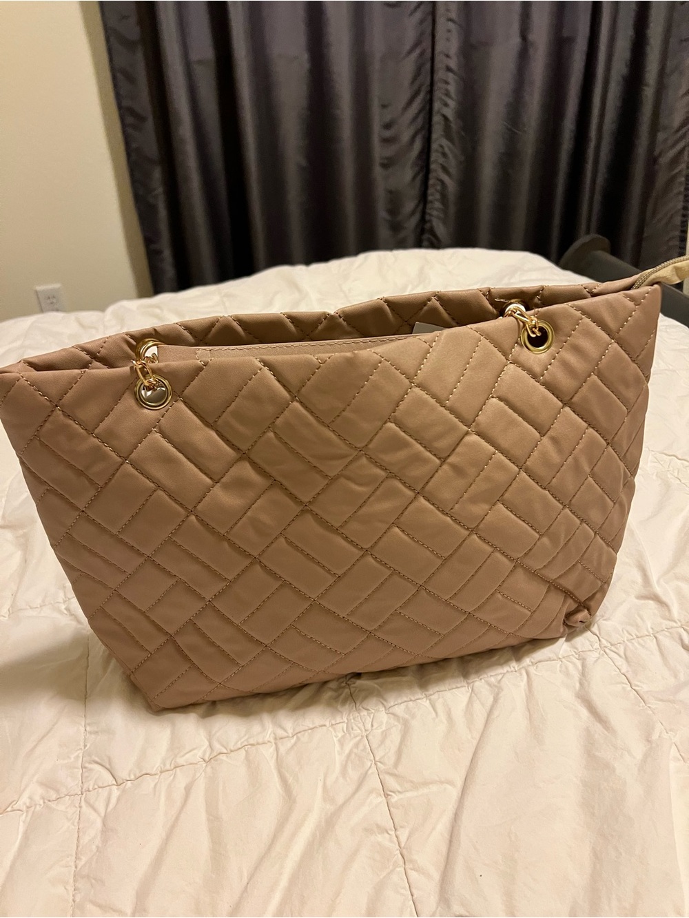 Quilted Beige Tote with Gold Chain Accents